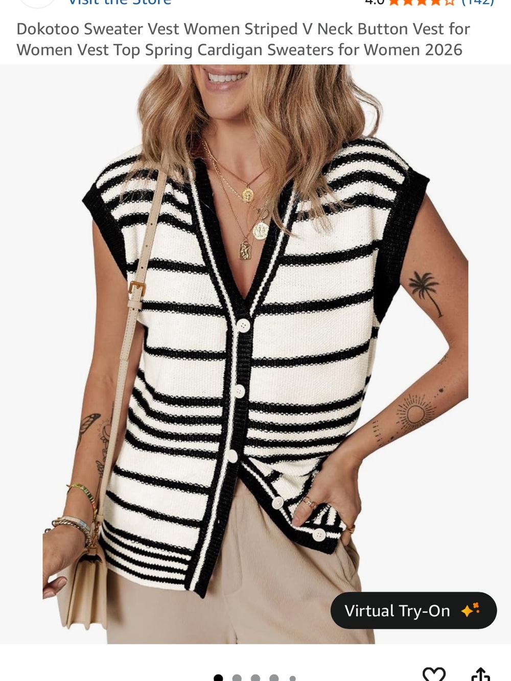 Striped V-Neck Button Sweater Vest - Black & White